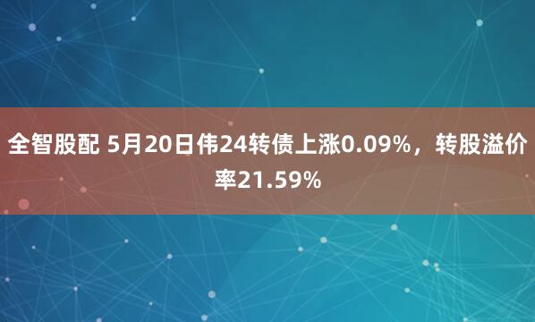全智股配 5月20日伟24转债上涨0.09%，转股溢价率21.59%